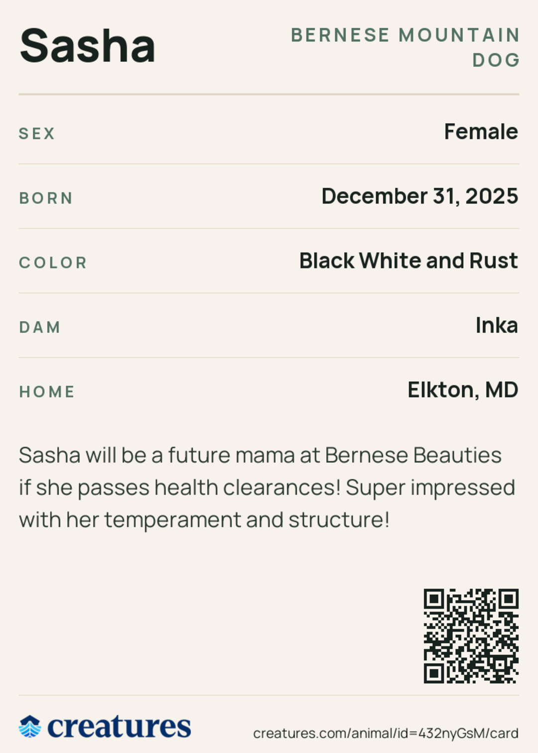 Sasha Creature Card back