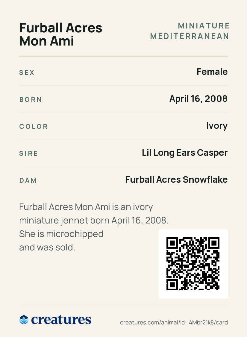 Furball Acres Mon Ami Creature Card back
