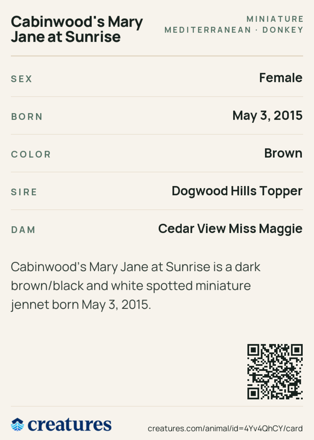 Cabinwood's Mary Jane at Sunrise Creature Card back