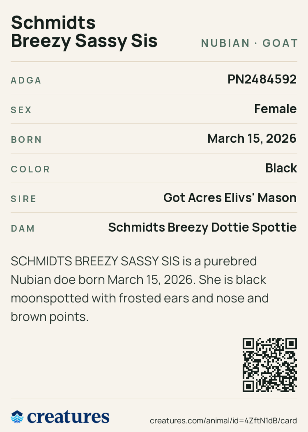 Schmidts Breezy Sassy Sis Creature Card back