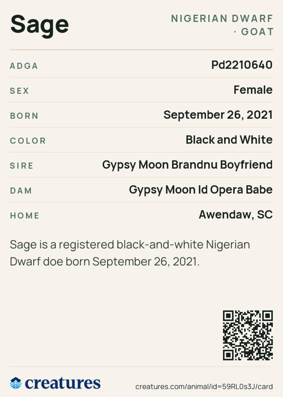 Sage Creature Card back