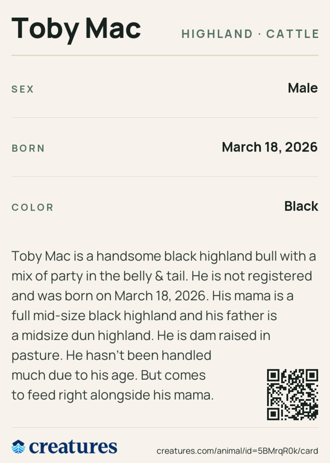 Toby Mac Creature Card back