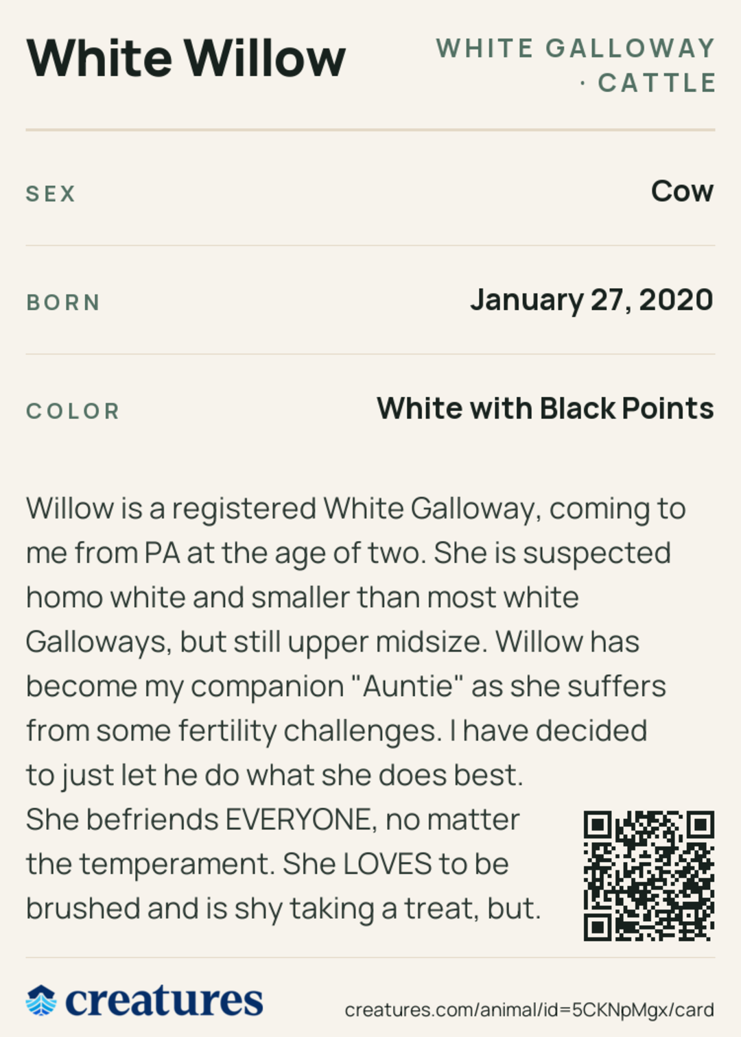 White Willow Creature Card back