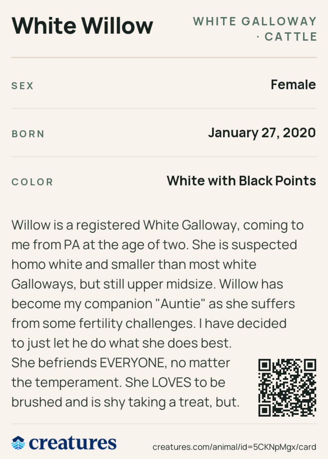 White Willow Creature Card back