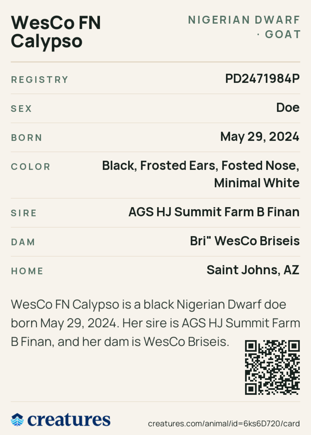 WesCo FN Calypso Creature Card back