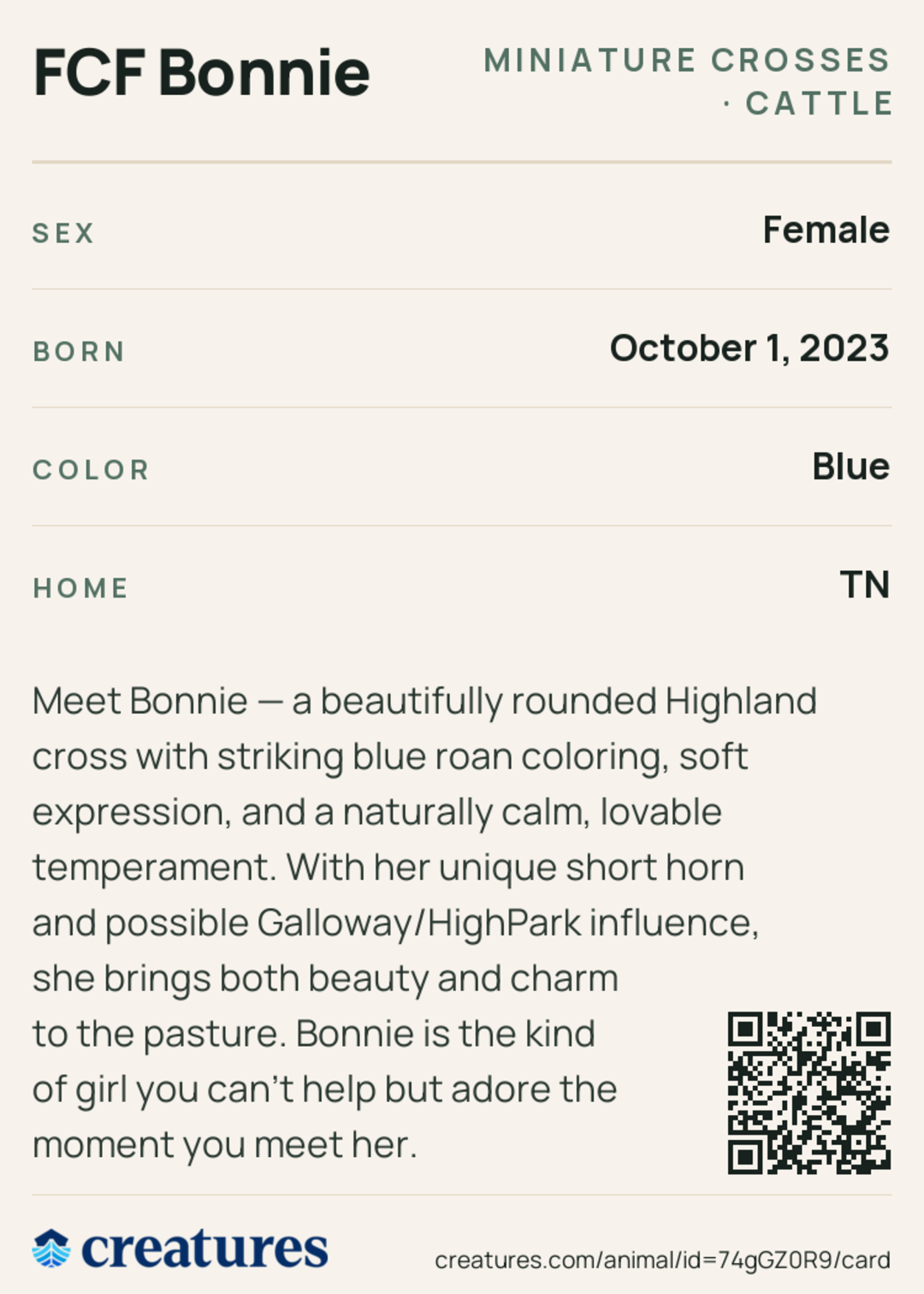 FCF Bonnie Creature Card back