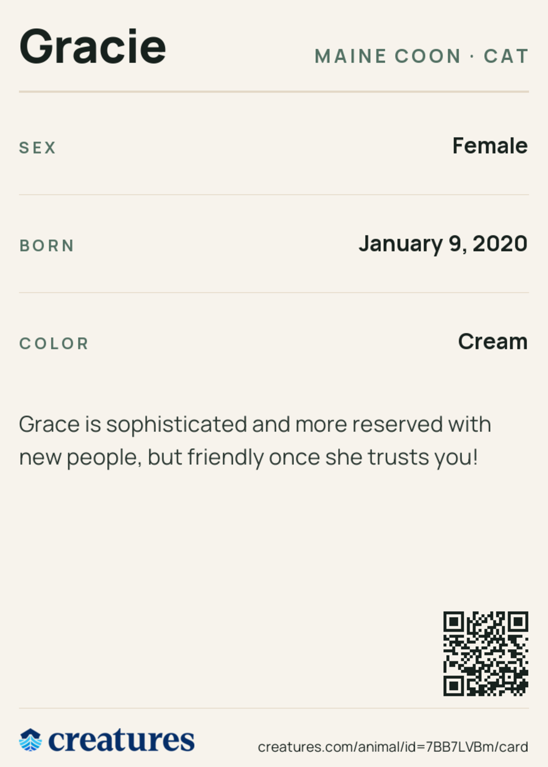 Gracie Creature Card back