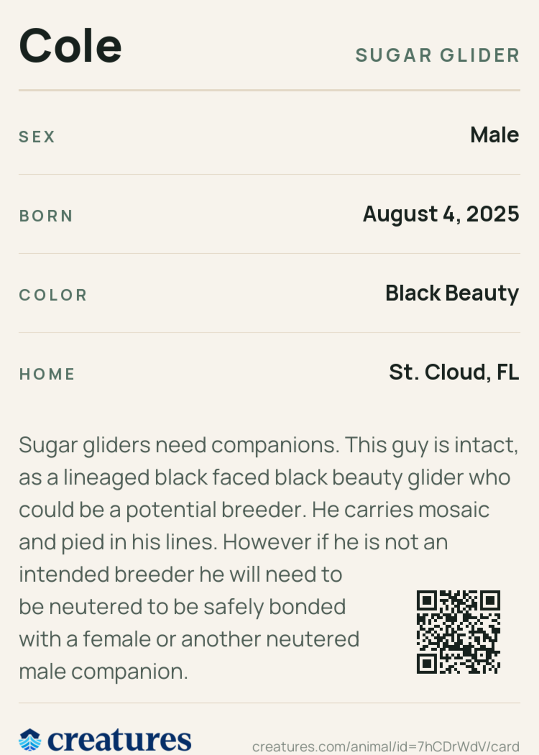 Cole Creature Card back
