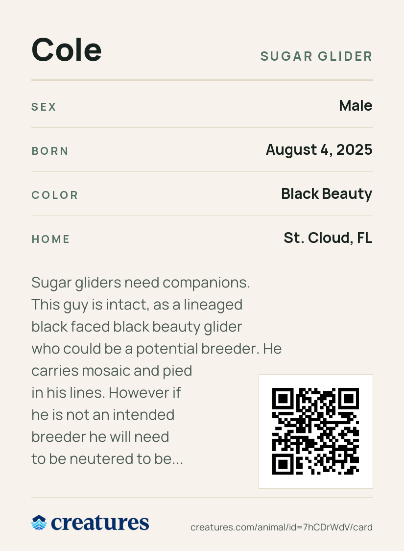 Cole Creature Card back