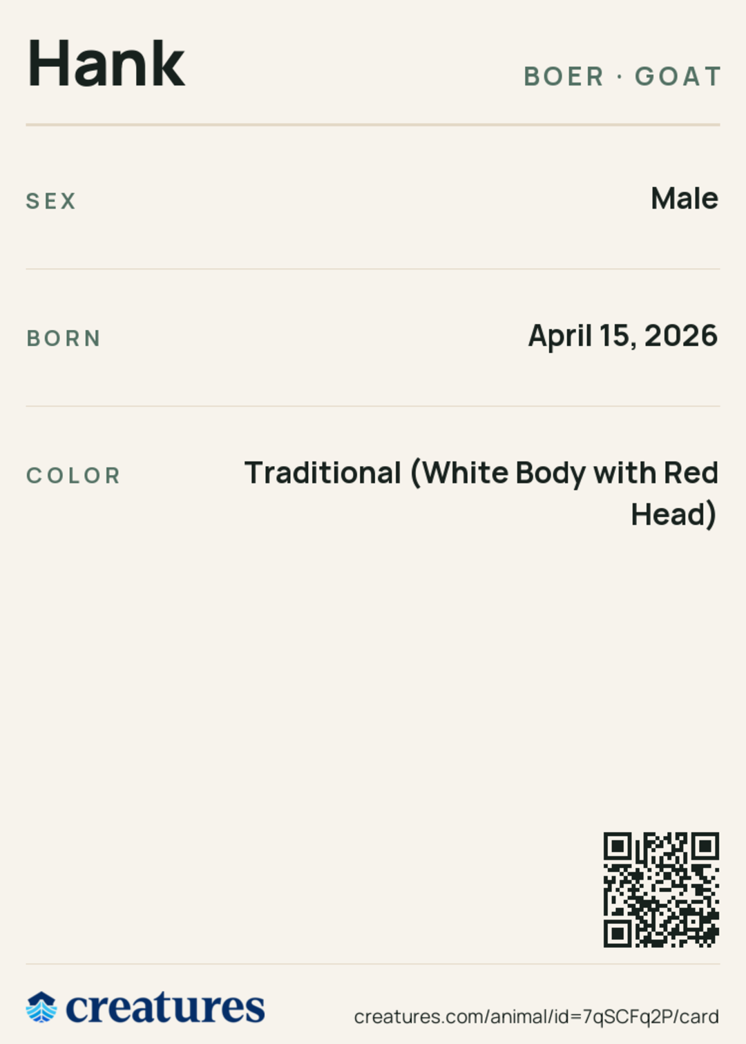 Hank Creature Card back