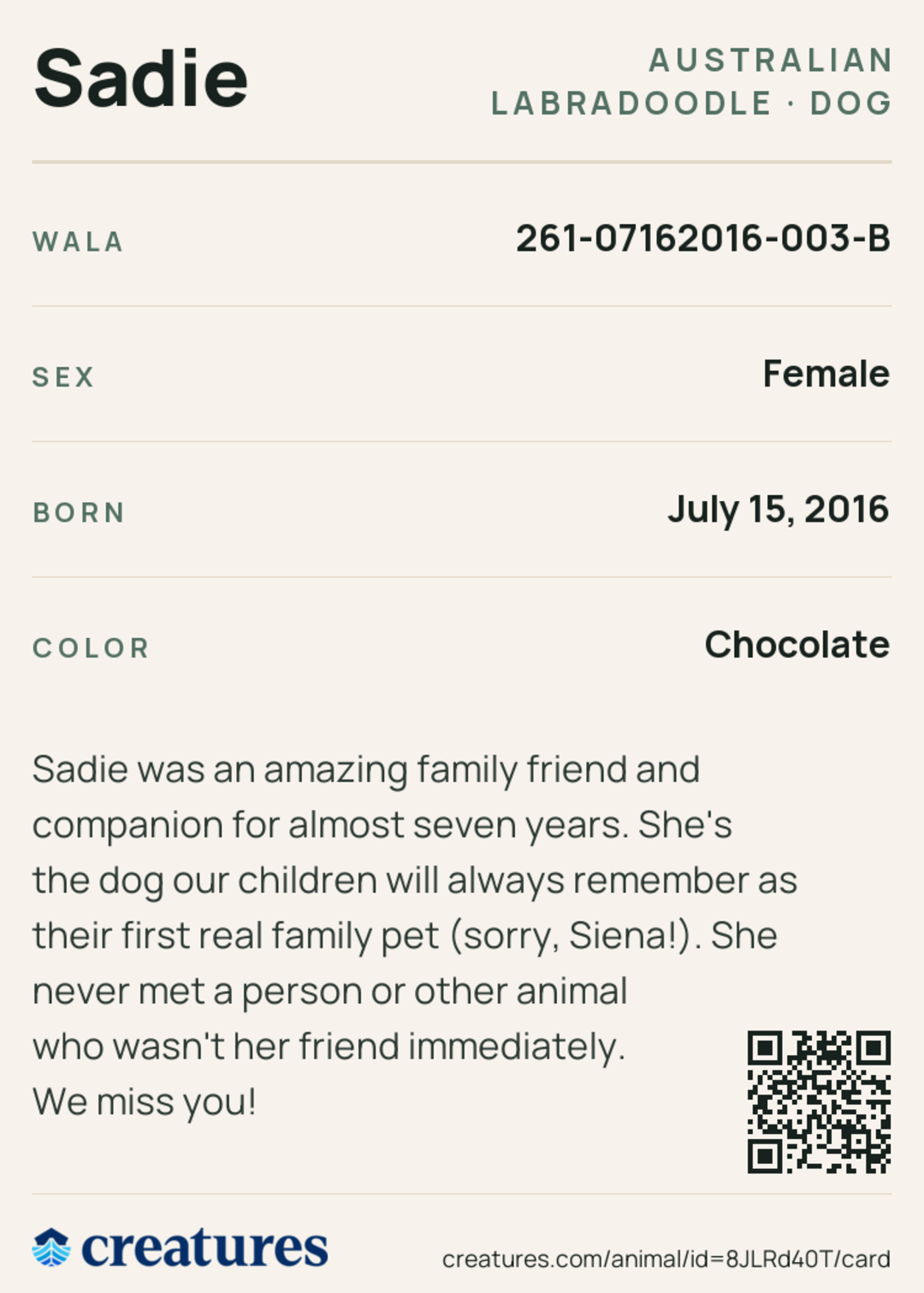 Sadie Creature Card back