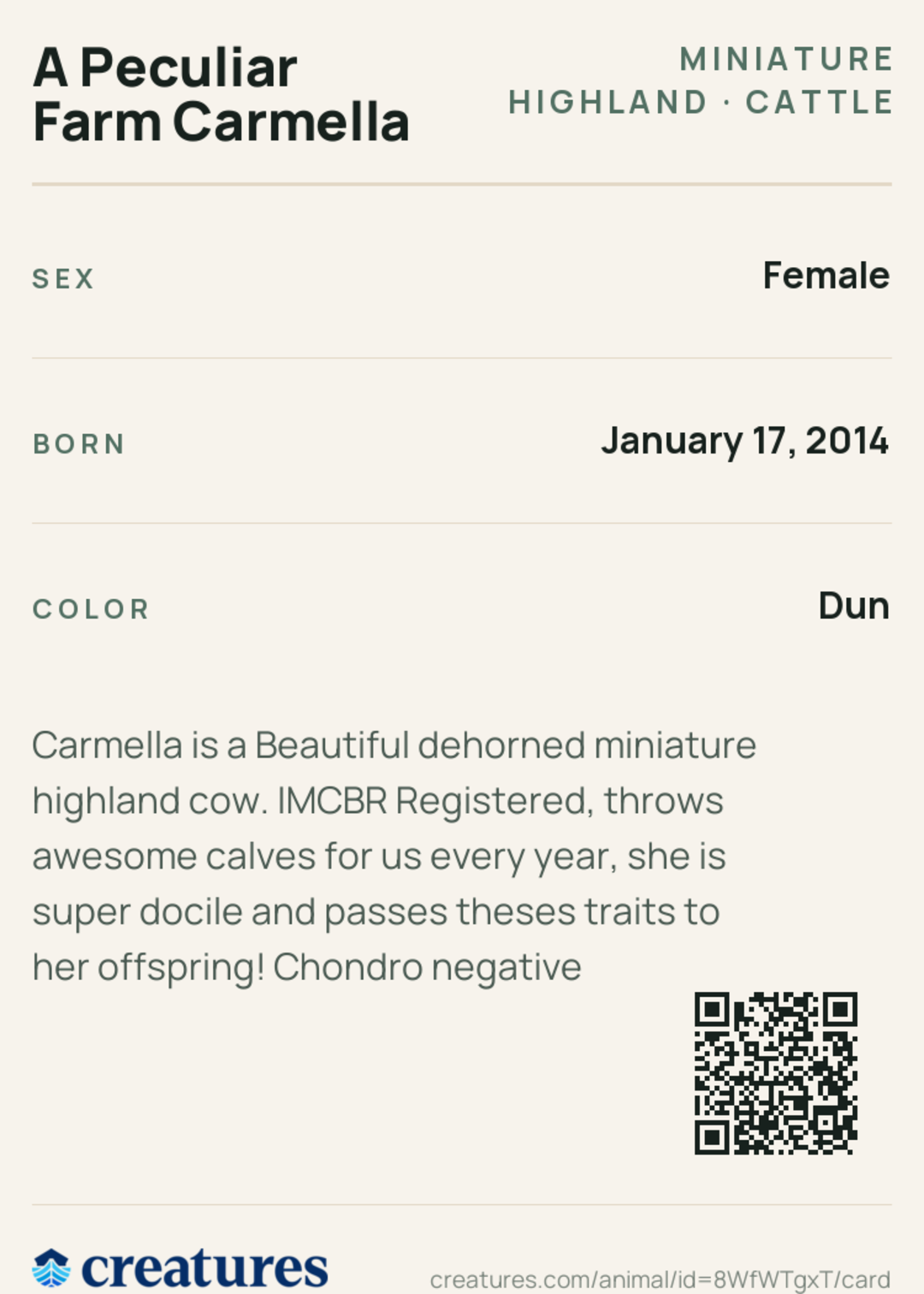 A Peculiar Farm Carmella Creature Card back