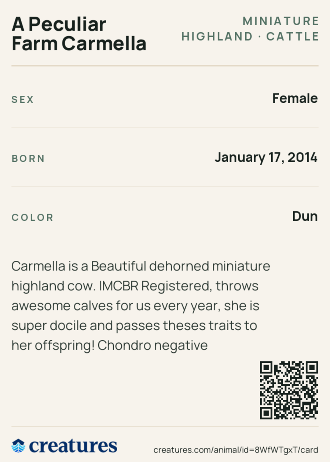A Peculiar Farm Carmella Creature Card back