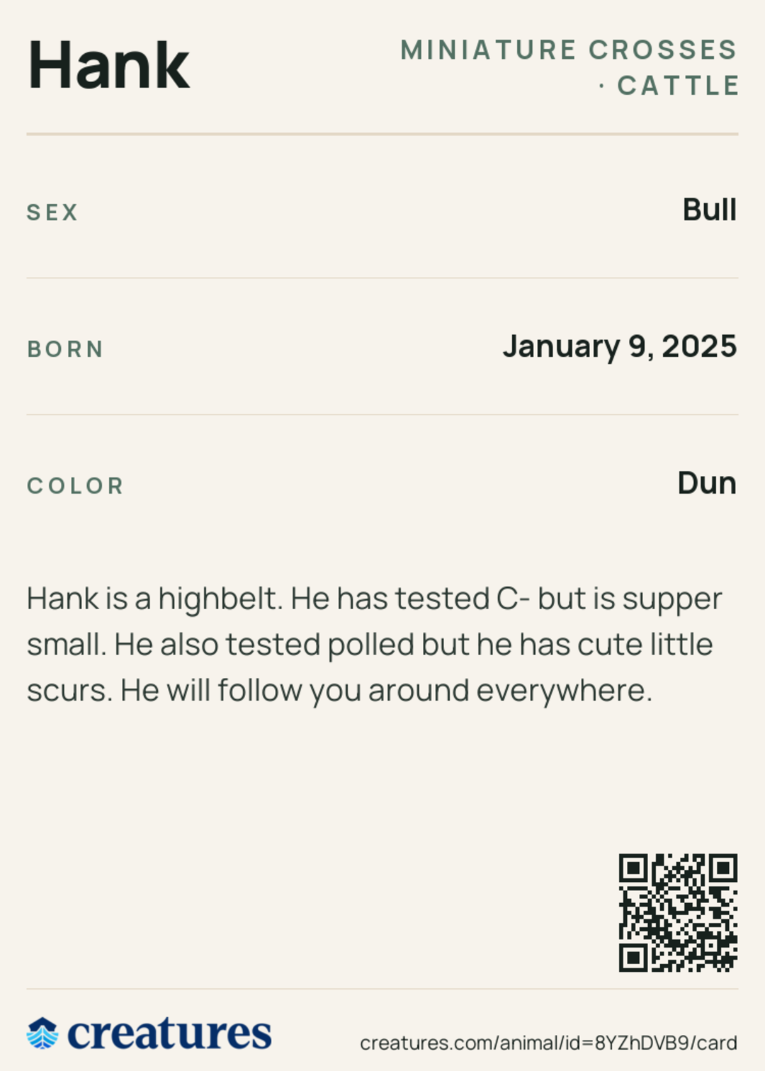 Hank Creature Card back