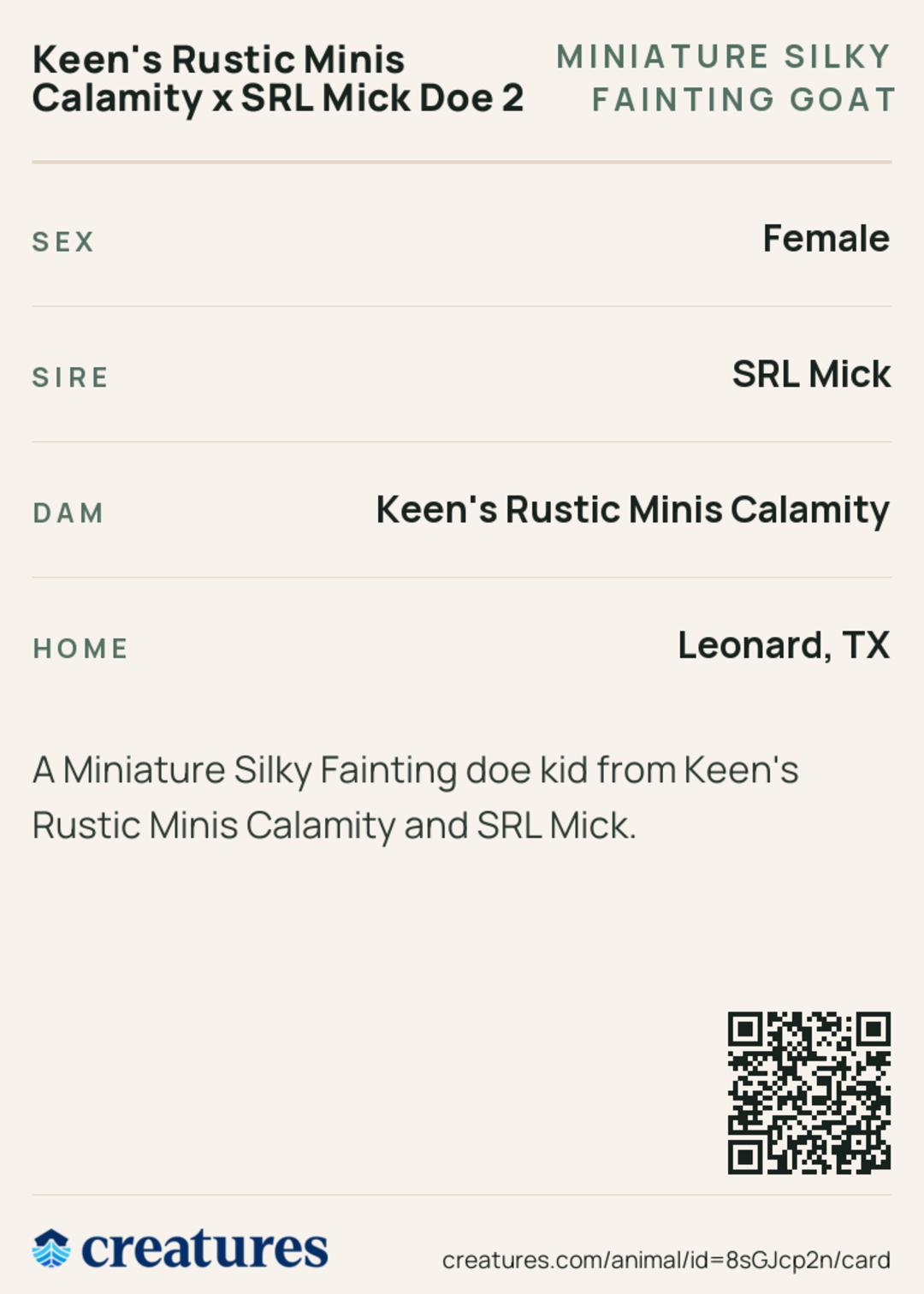 Keen's Rustic Minis Calamity x SRL Mick Doe 2 Creature Card back