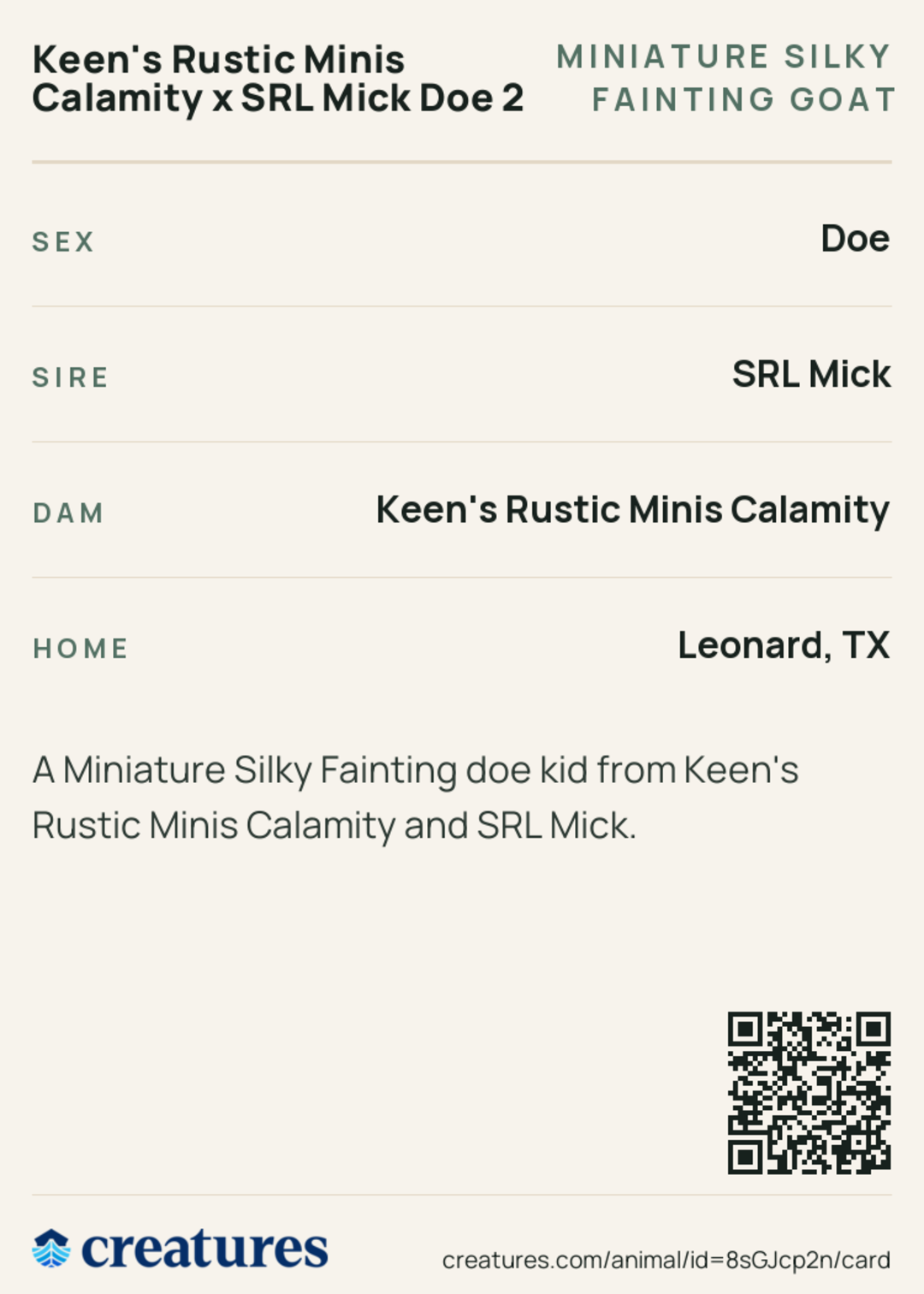 Keen's Rustic Minis Calamity x SRL Mick Doe 2 Creature Card back