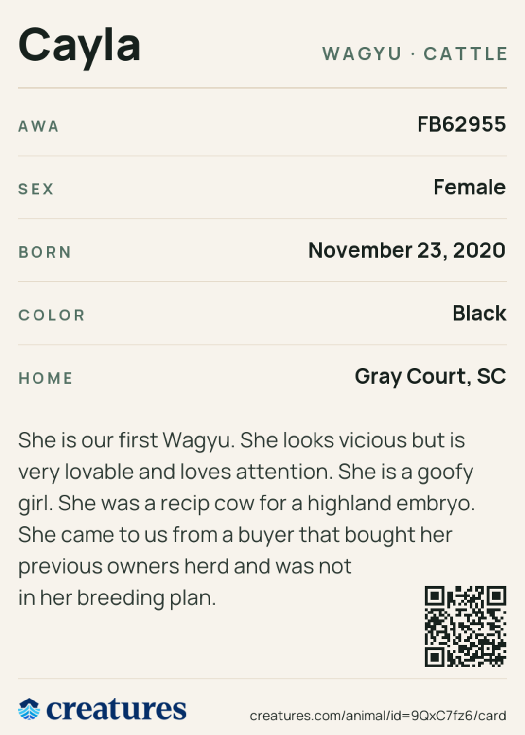 Cayla Creature Card back