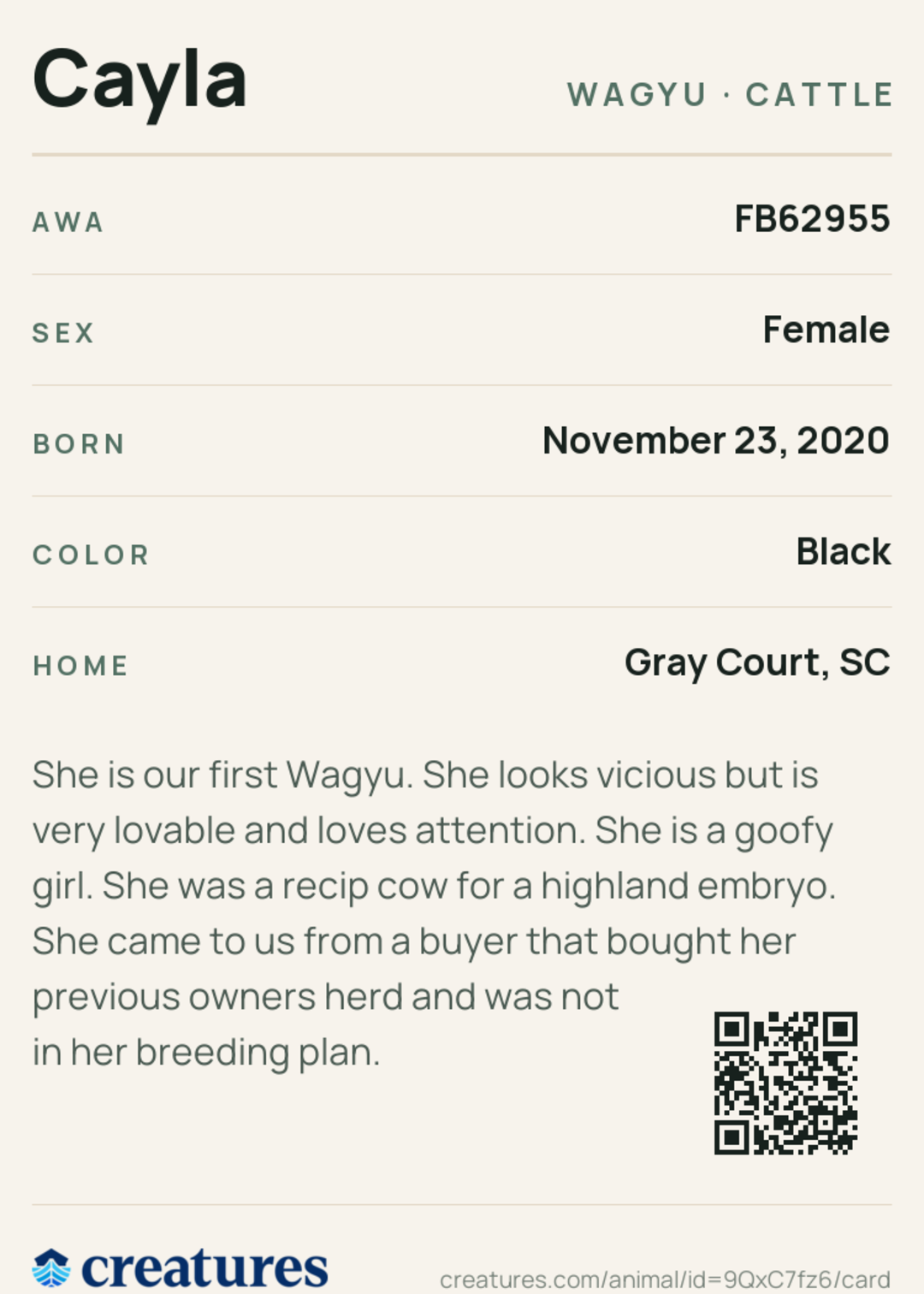Cayla Creature Card back