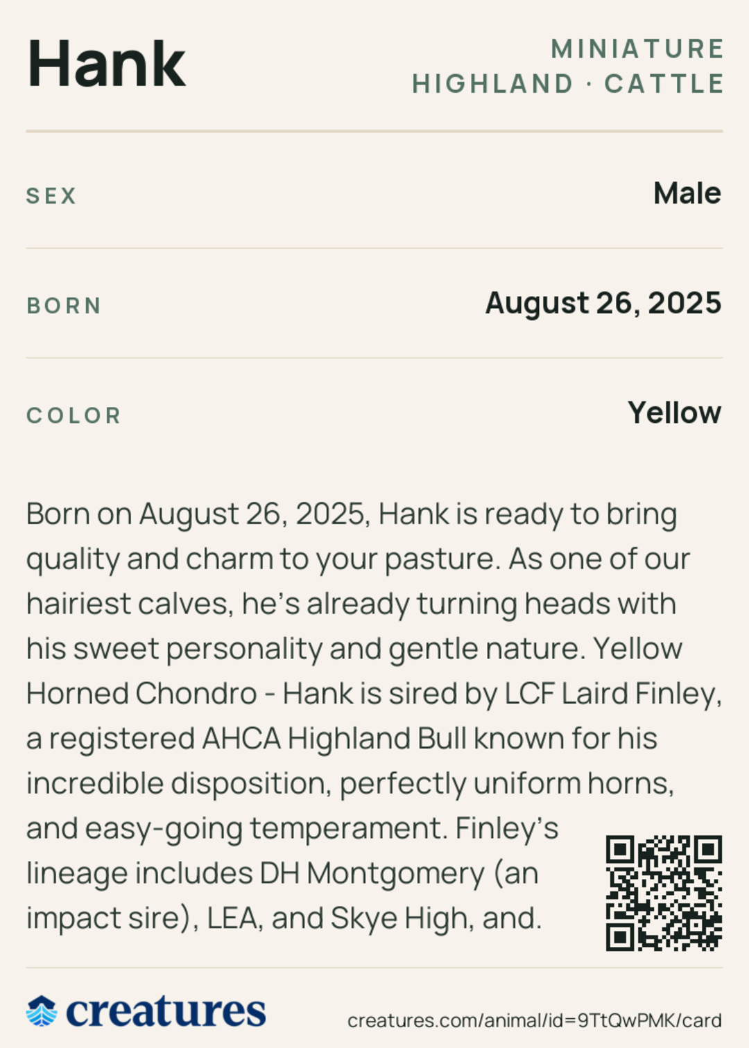 Hank Creature Card back
