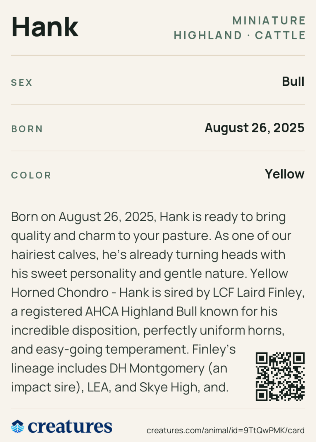 Hank Creature Card back
