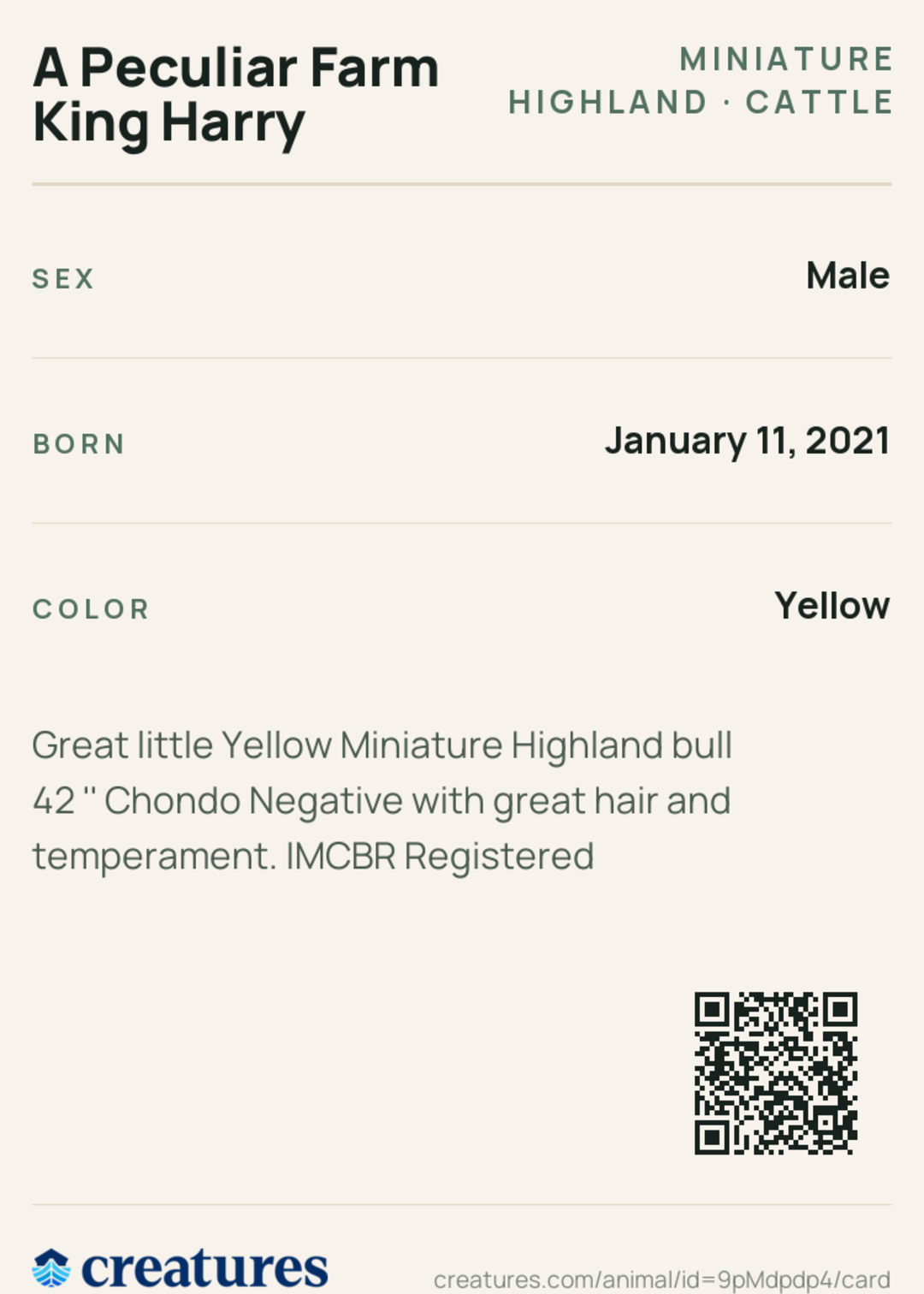 A Peculiar Farm King Harry Creature Card back