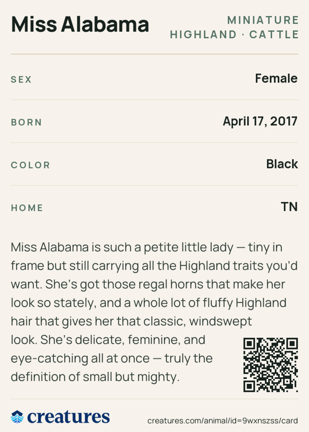 Miss Alabama Creature Card back