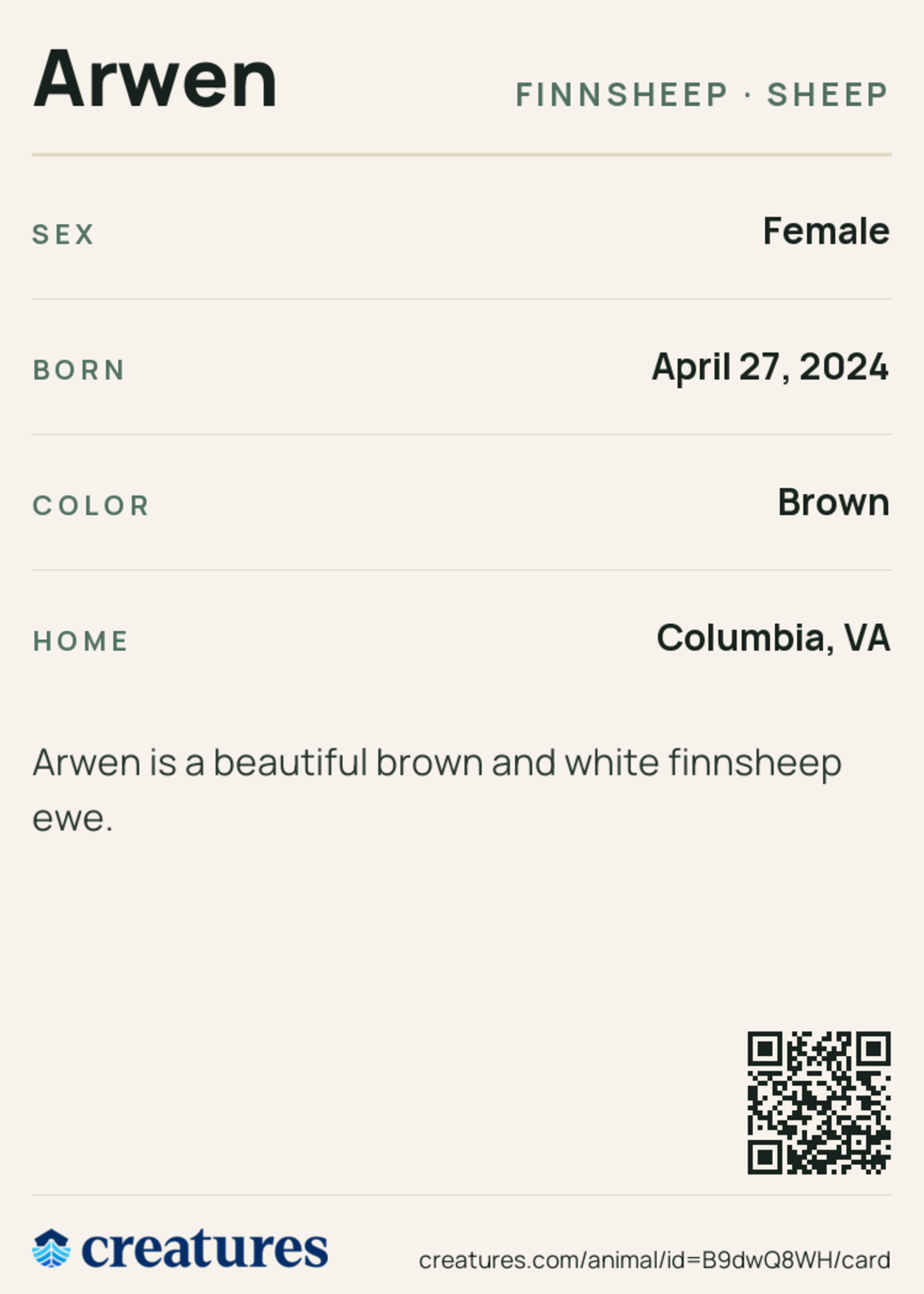 Arwen Creature Card back