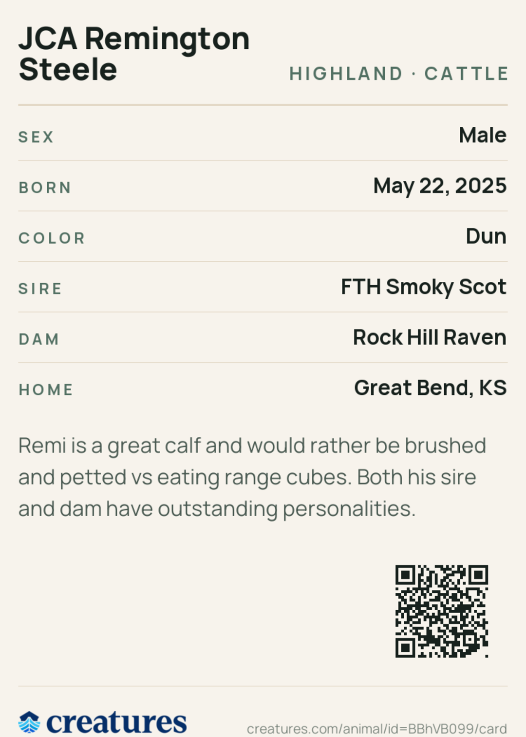 JCA Remington Steele Creature Card back