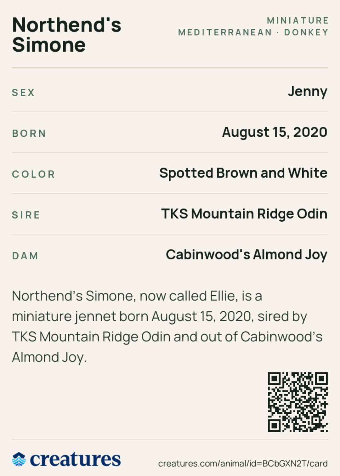 Northend's Simone Creature Card back