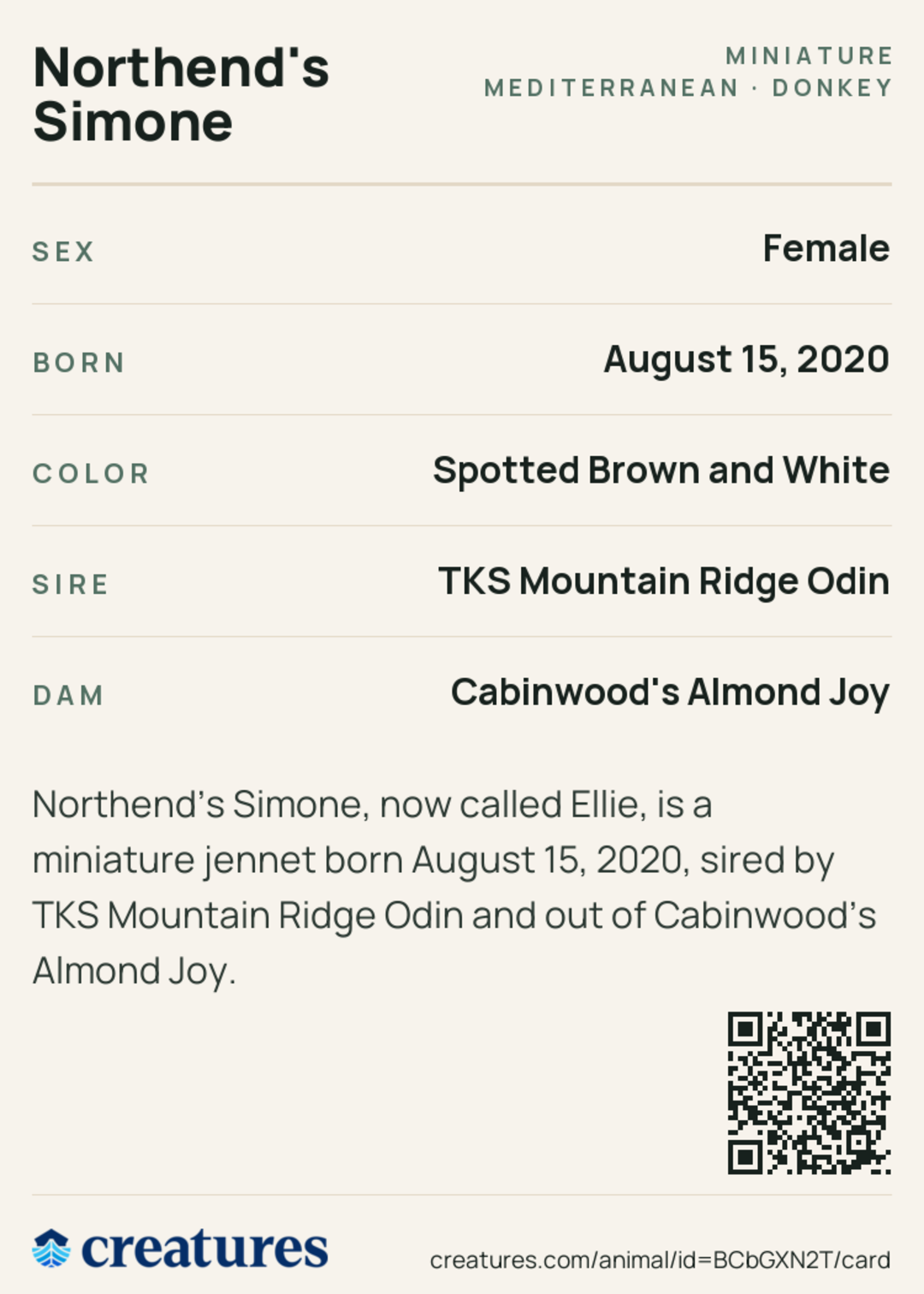 Northend's Simone Creature Card back