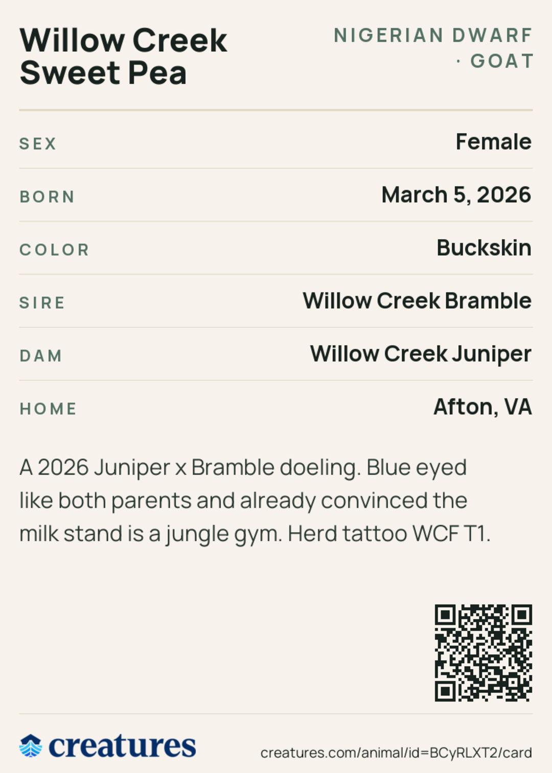 Willow Creek Sweet Pea Creature Card back
