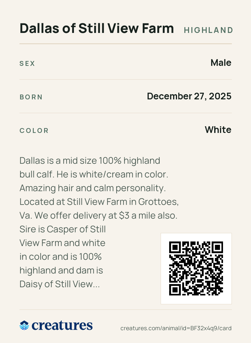 Dallas of Still View Farm Creature Card back