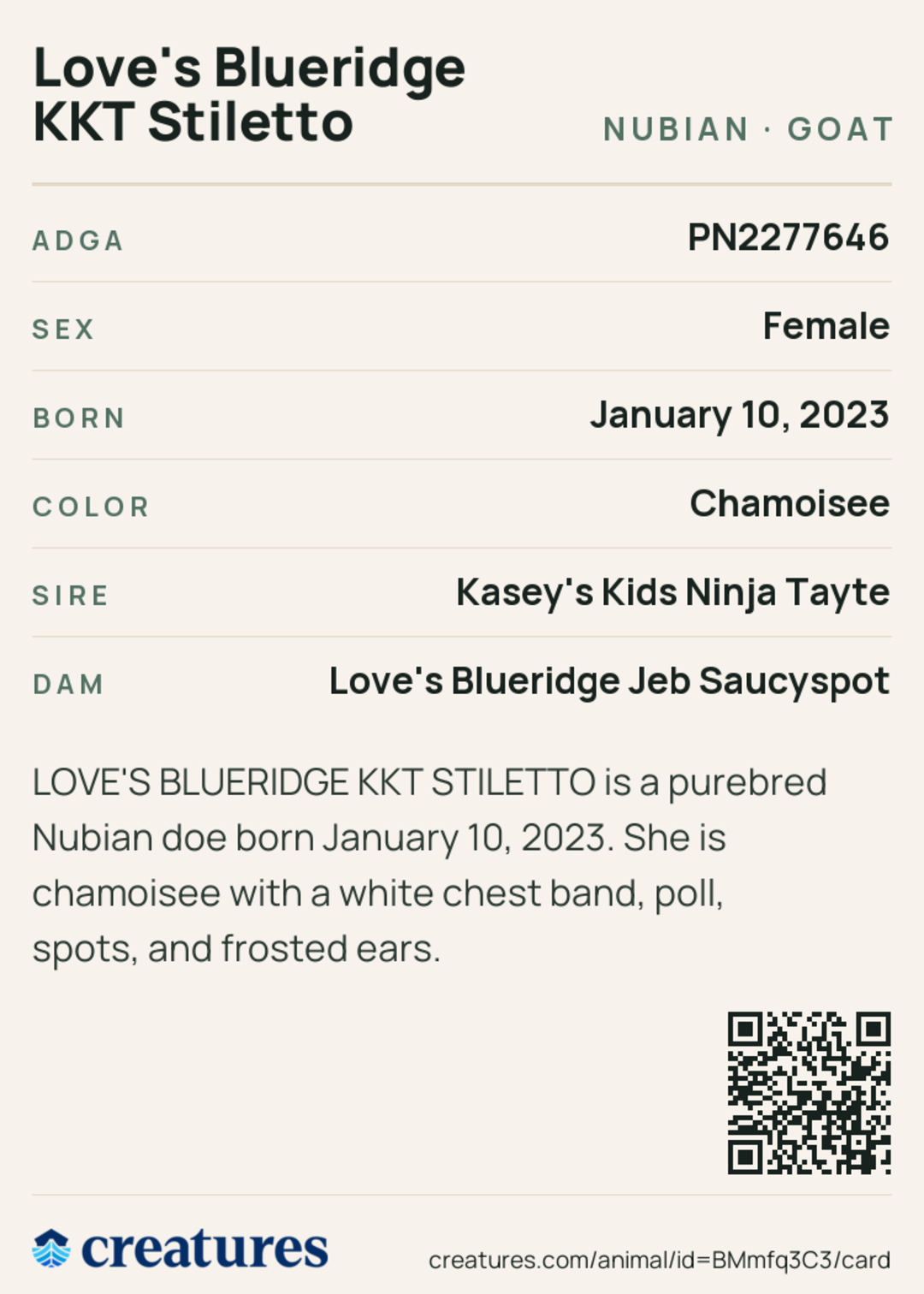Love's Blueridge KKT Stiletto Creature Card back