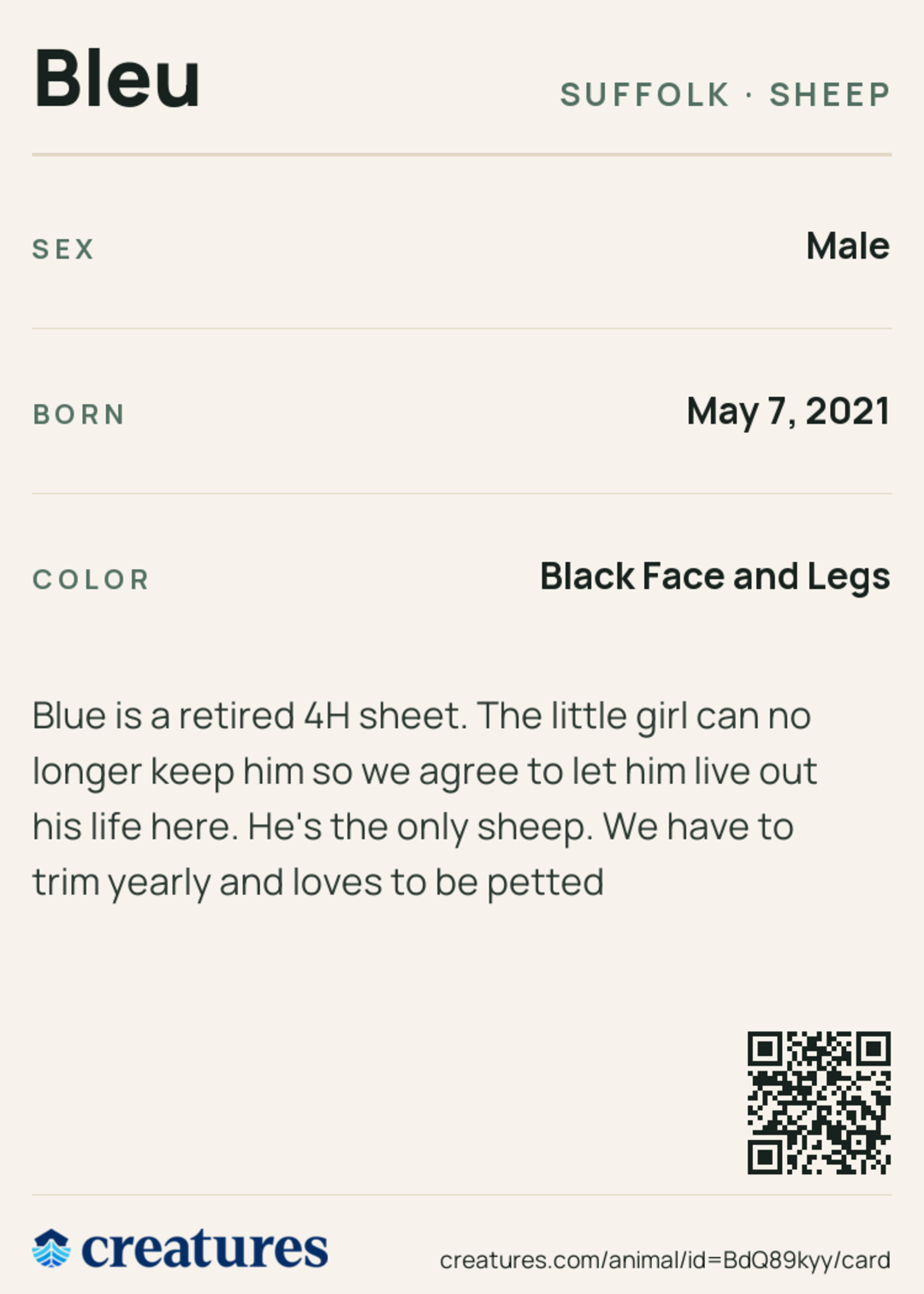 Bleu Creature Card back