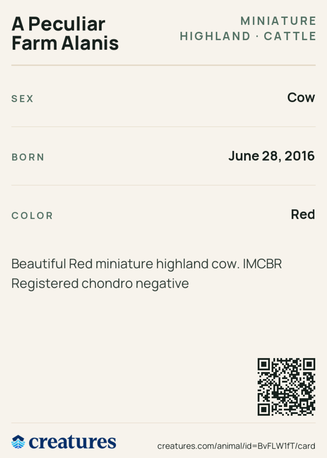 A Peculiar Farm Alanis Creature Card back