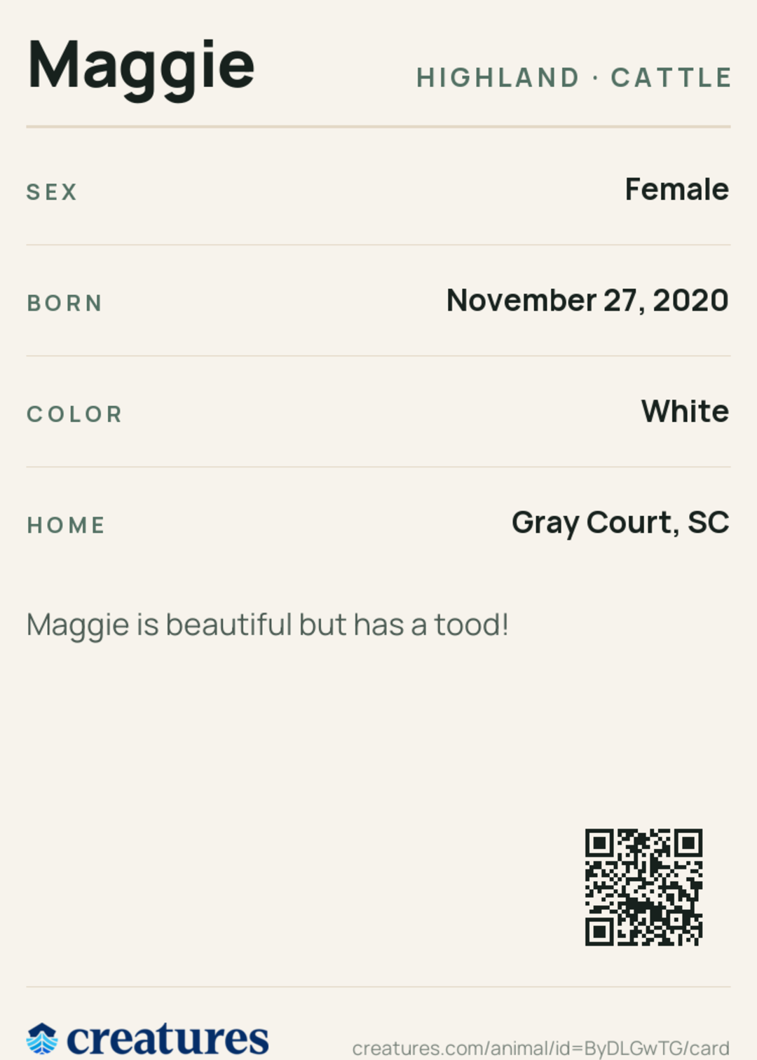 Maggie Creature Card back