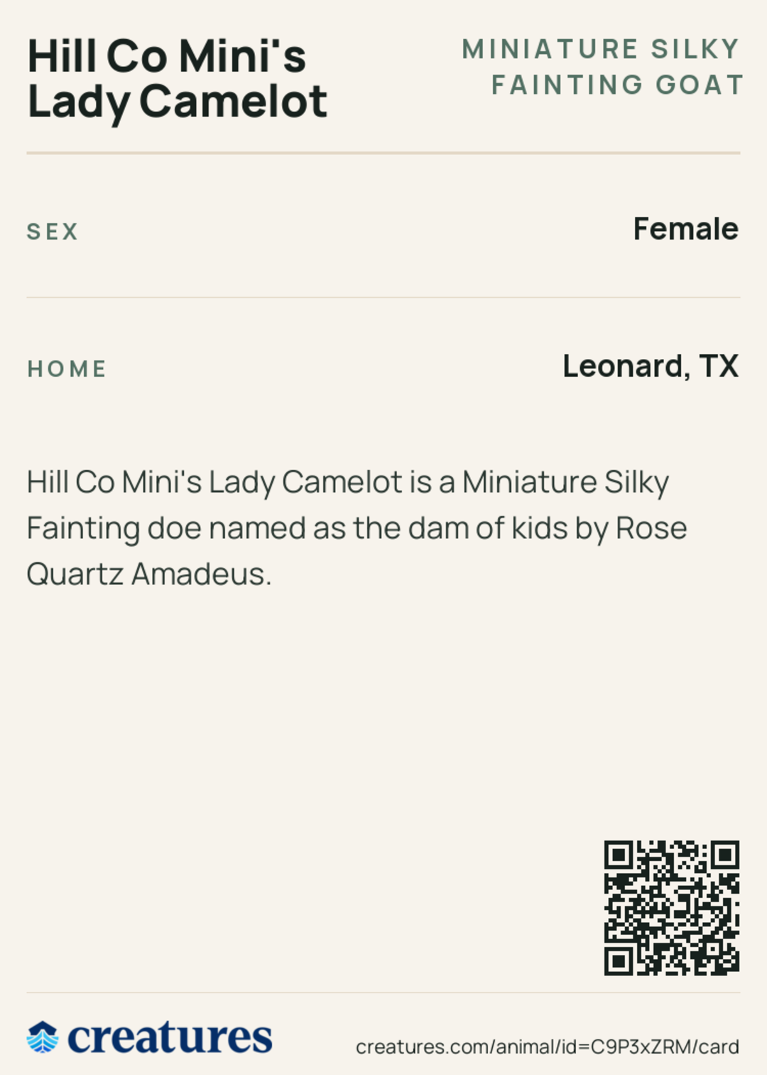 Hill Co Mini's Lady Camelot Creature Card back