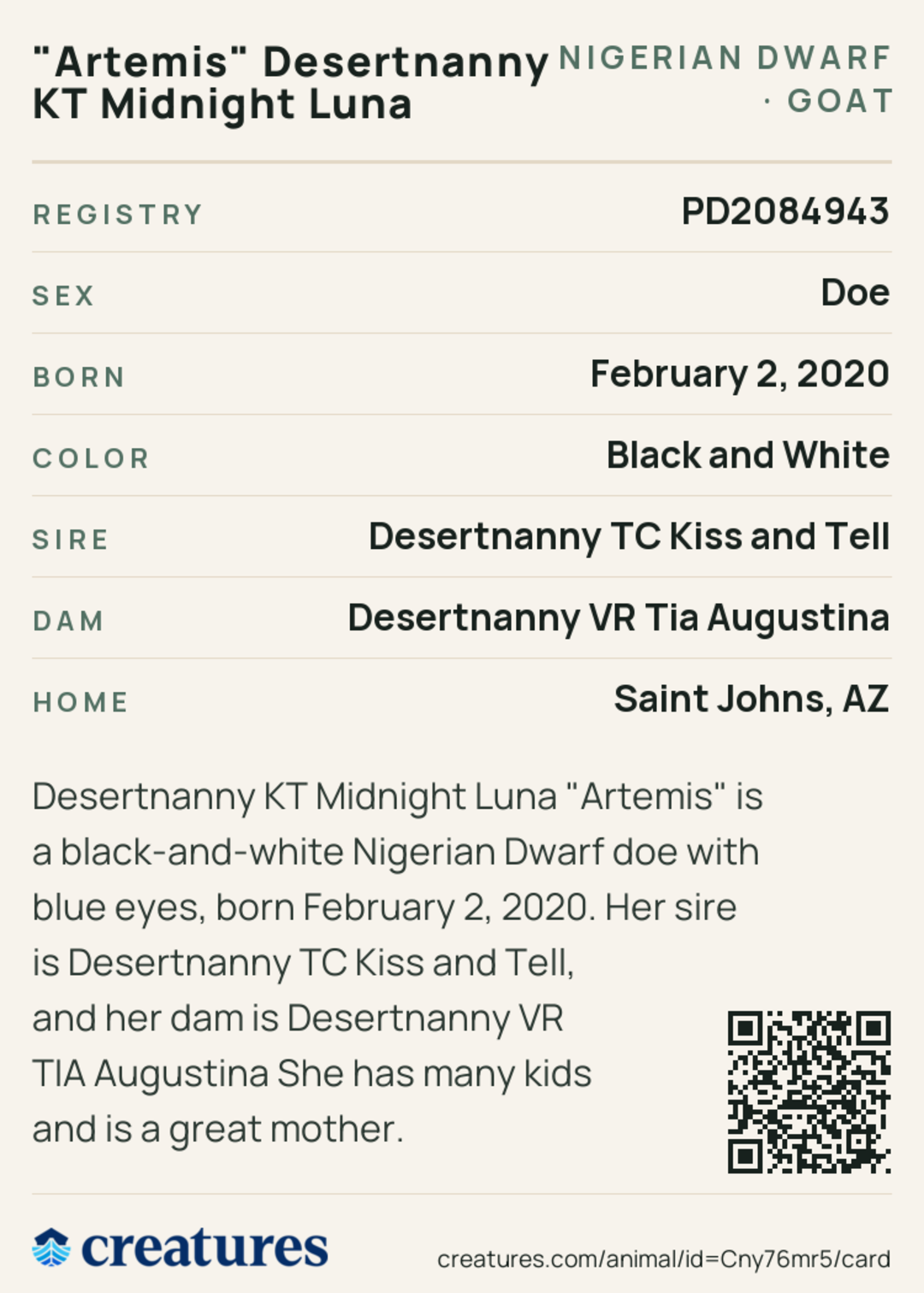 "Artemis" Desertnanny KT Midnight Luna Creature Card back