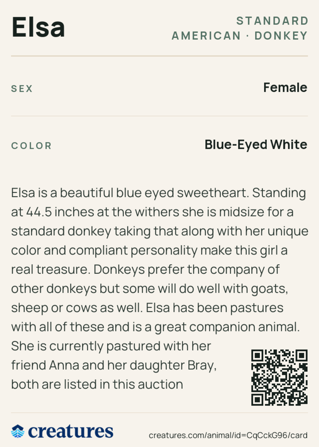 Elsa Creature Card back