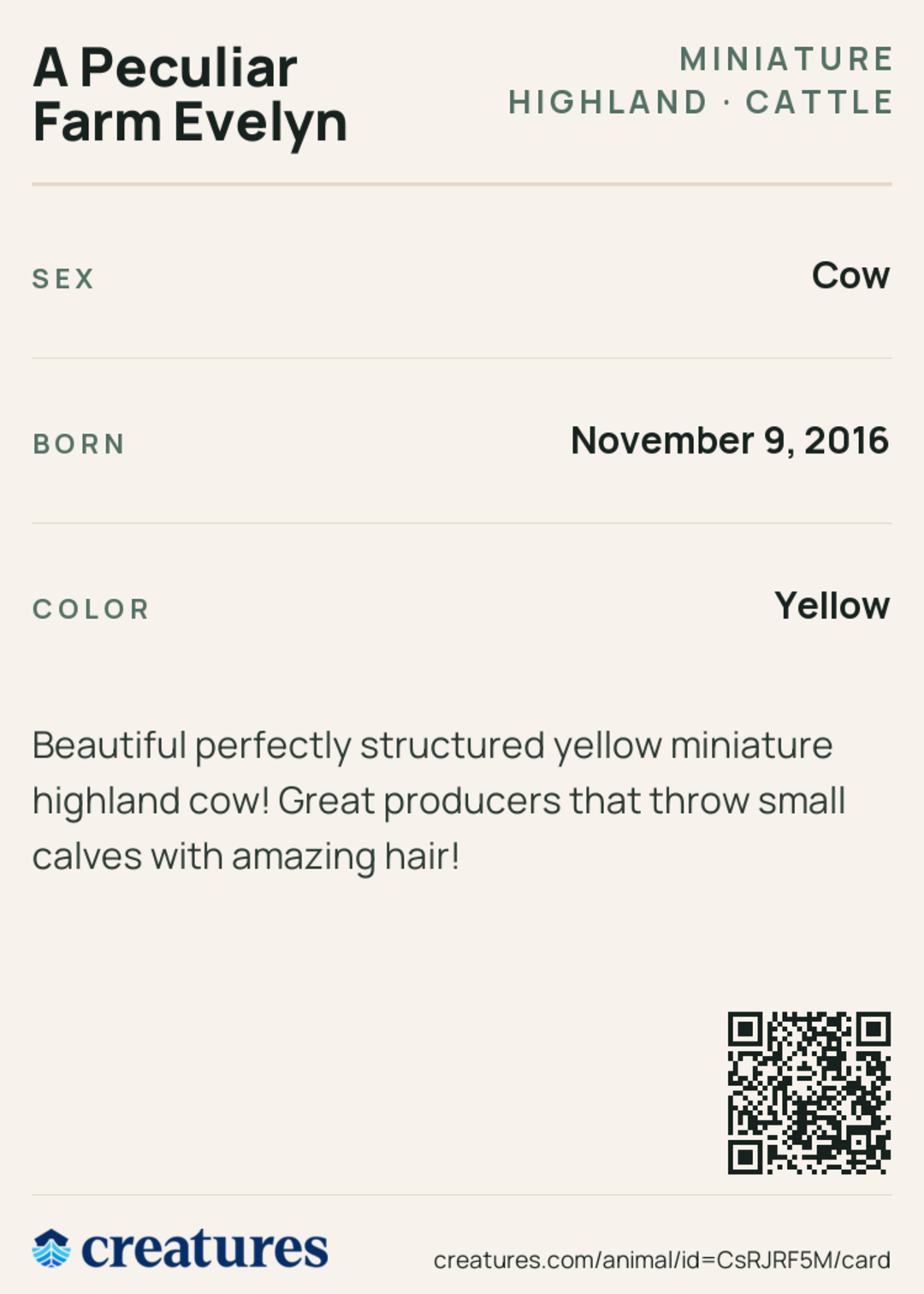 A Peculiar Farm Evelyn Creature Card back