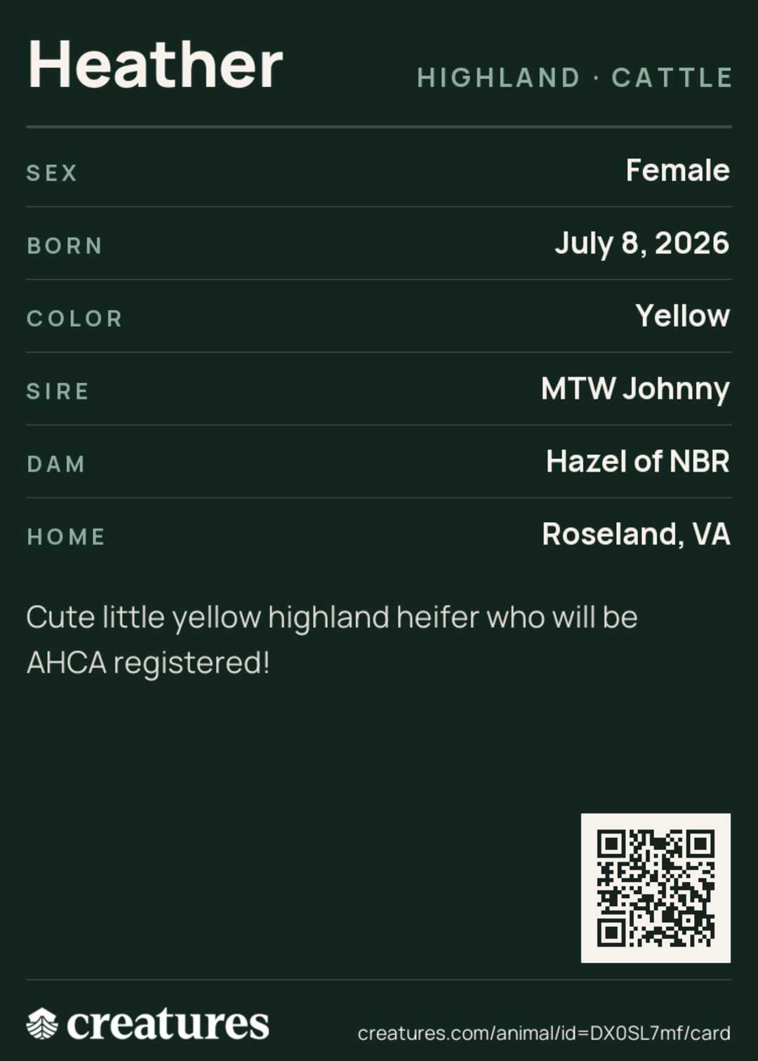 Heather Creature Card back