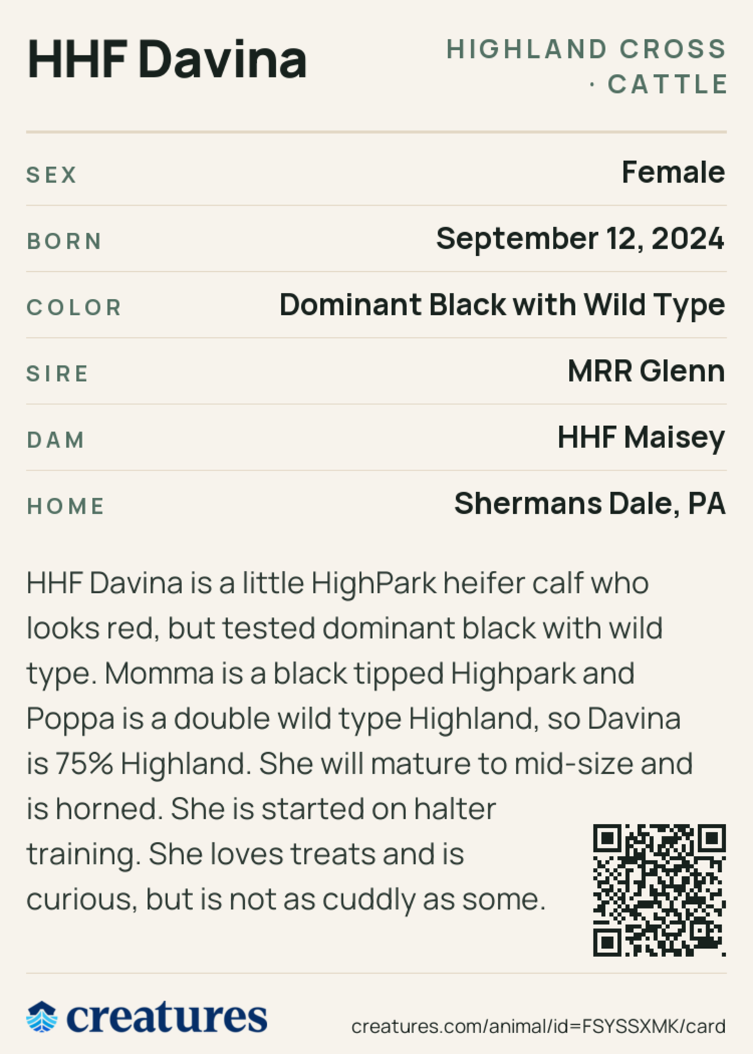 HHF Davina Creature Card back