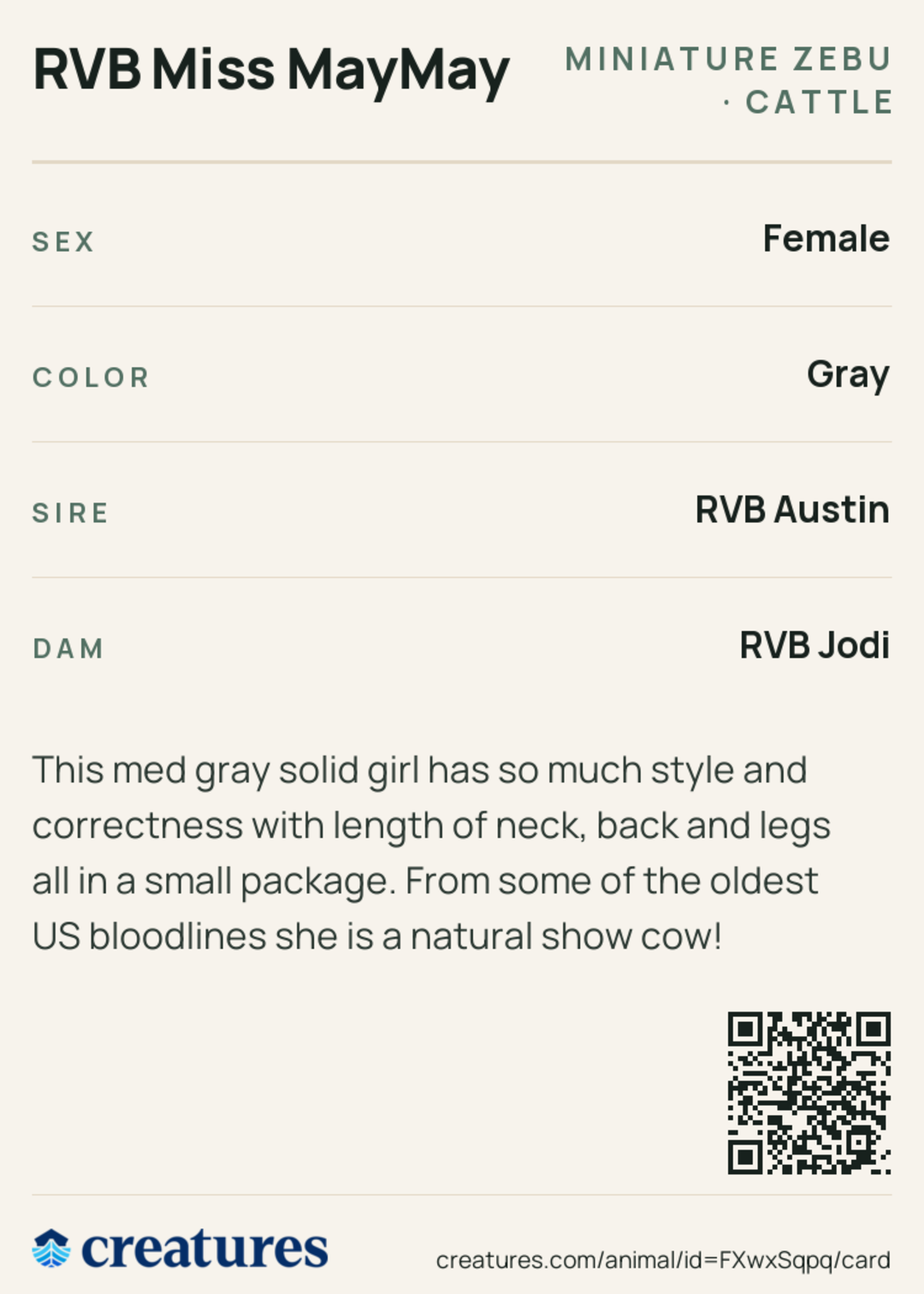 RVB Miss MayMay Creature Card back