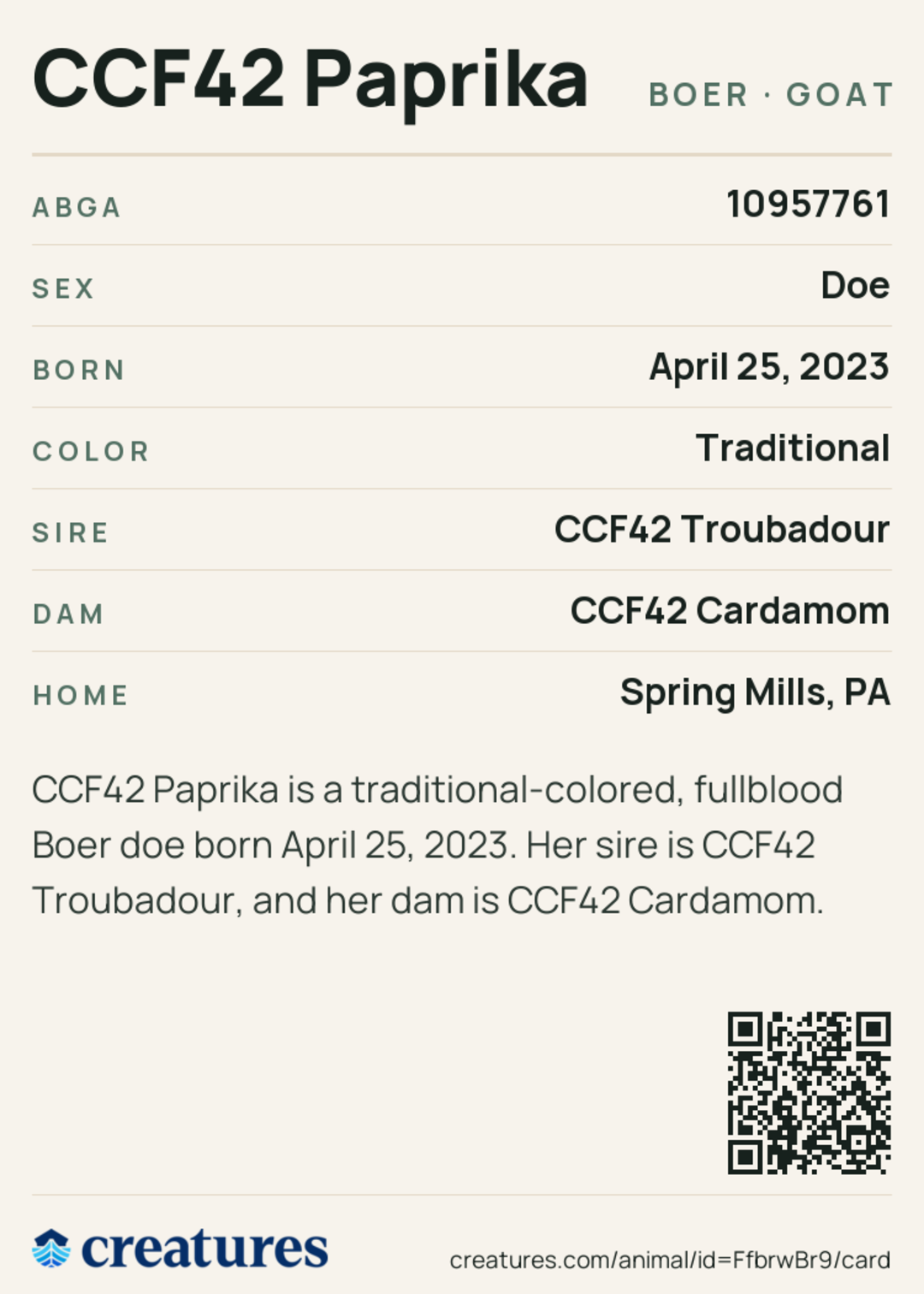 CCF42 Paprika Creature Card back