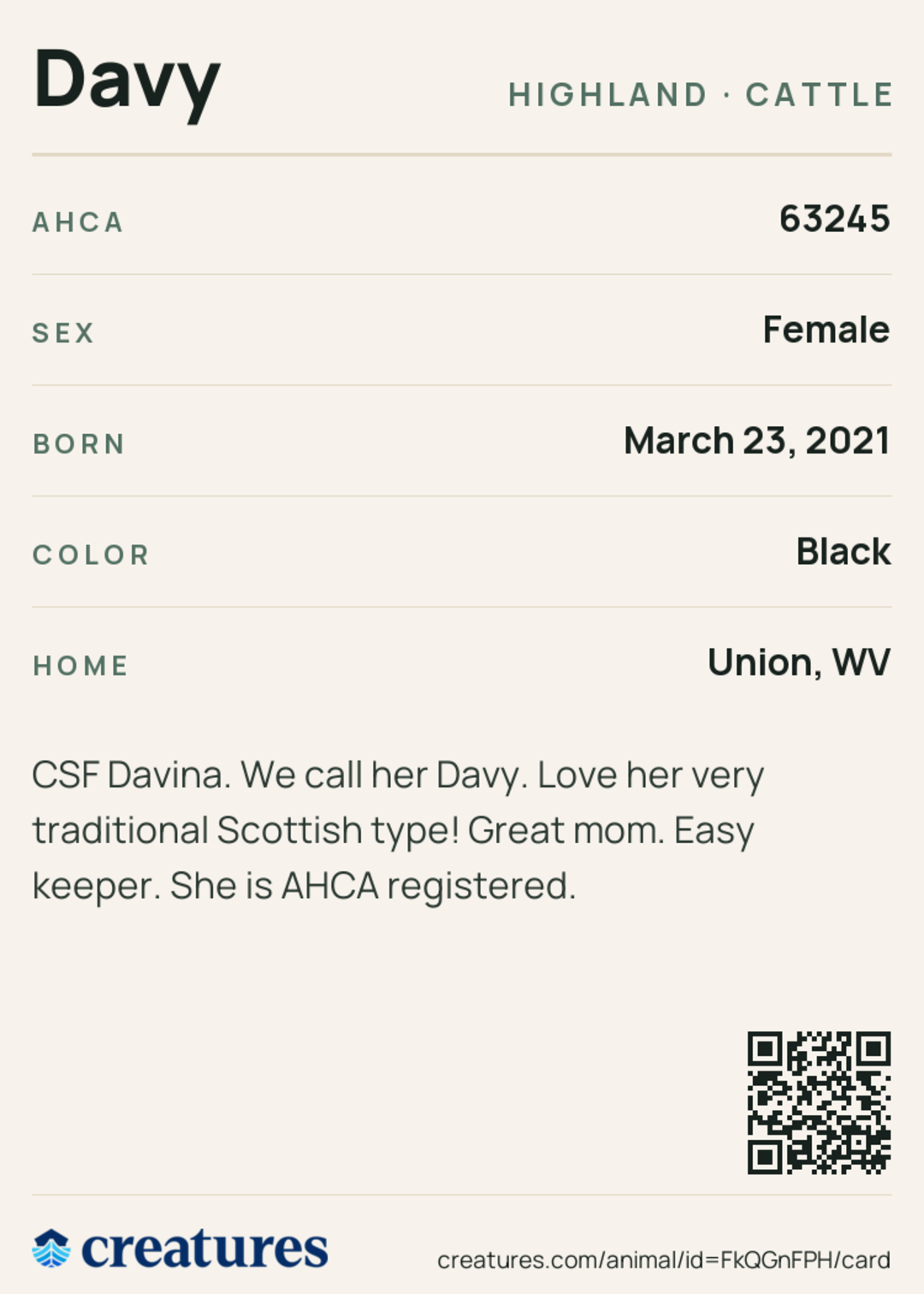 Davy Creature Card back