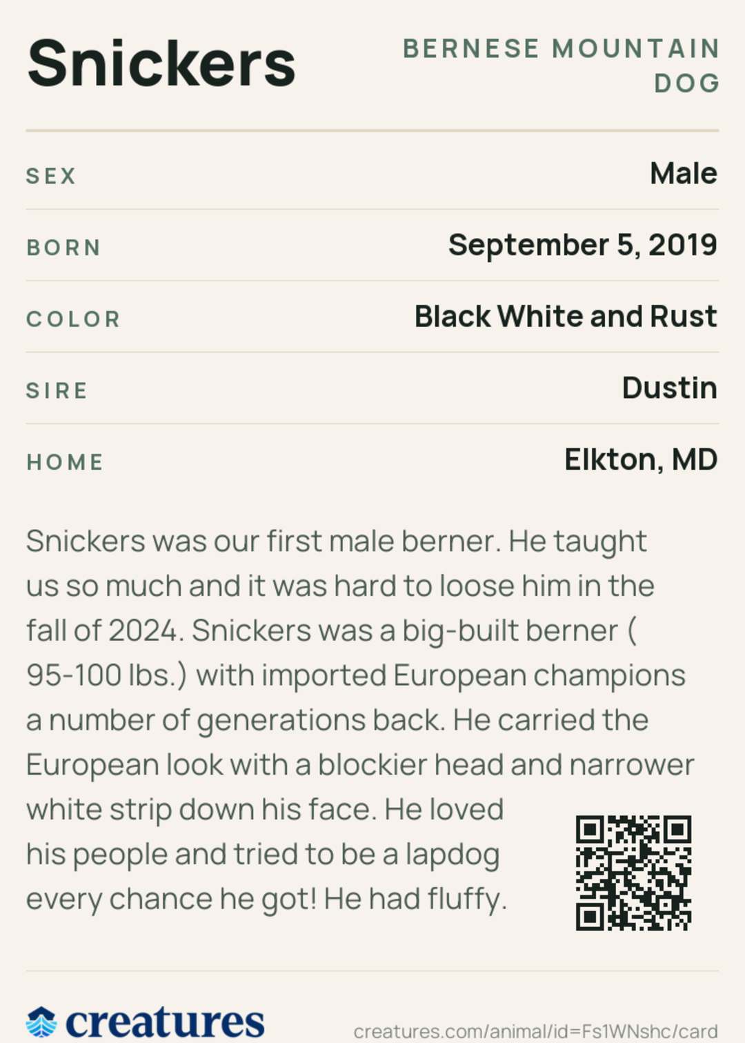 Snickers Creature Card back
