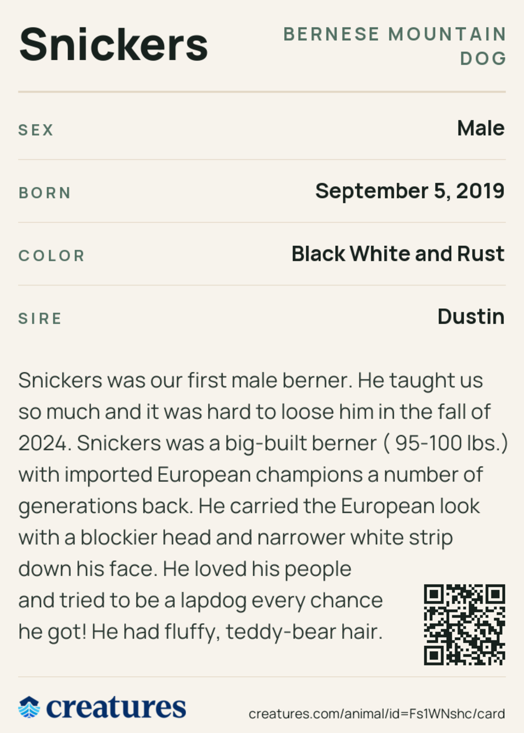 Snickers Creature Card back