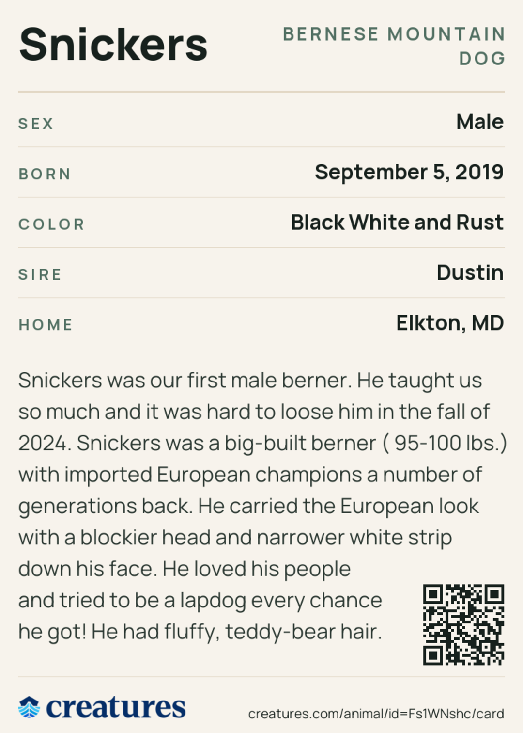 Snickers Creature Card back