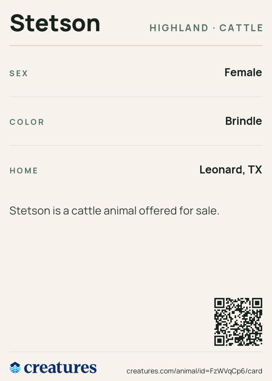 Stetson Creature Card back