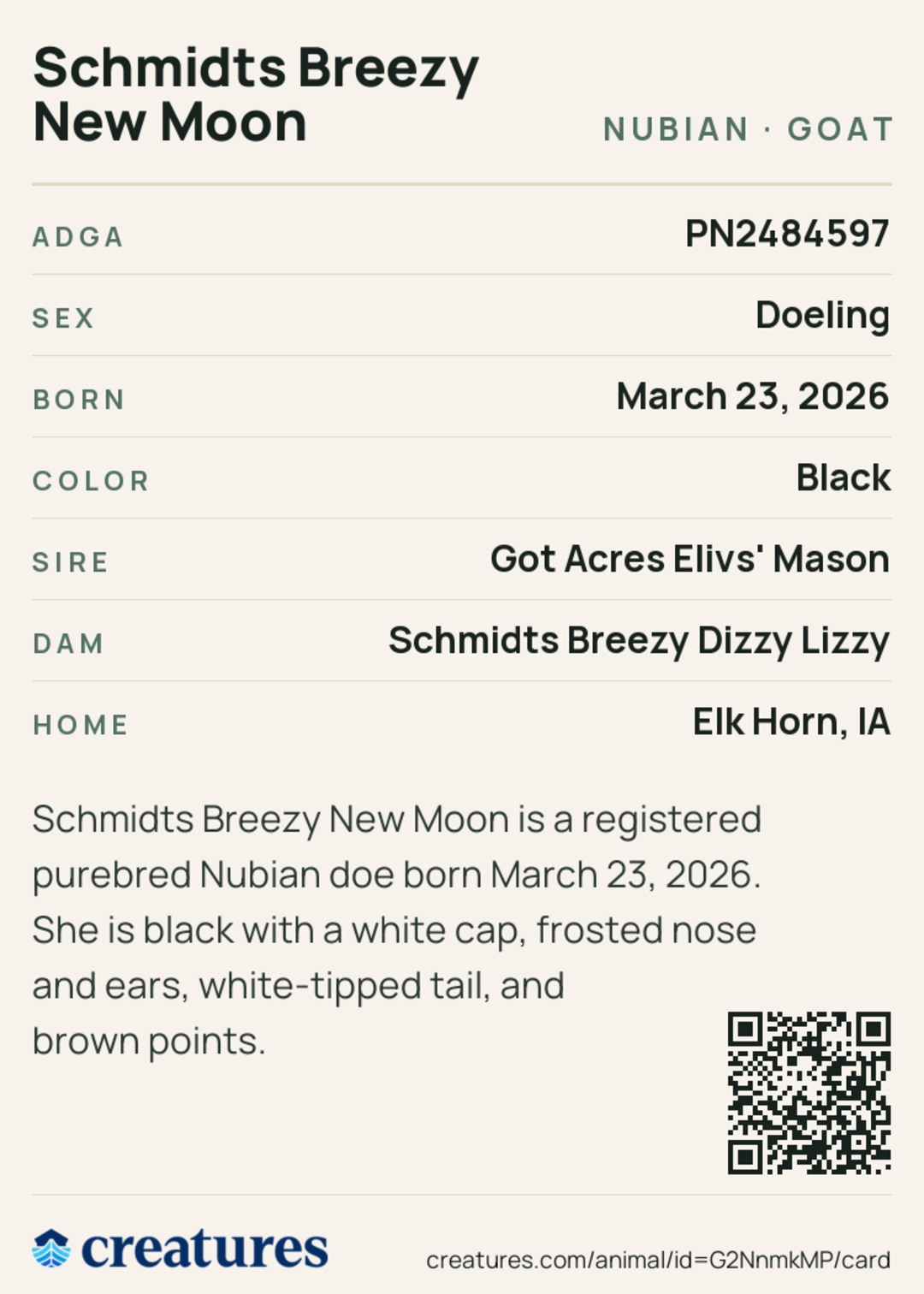 Schmidts Breezy New Moon Creature Card back